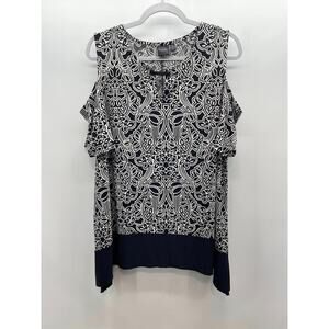Rafaella Black White Geometric‎ Floral Print Cold Shoulder Tunic Blouse